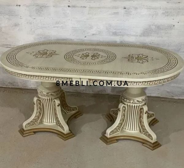 ➤Цена 25 680 грн UAH Купить Стол овальный 200х100(+40х2) на фигурных опорах слоновая кость с патиной var 2 ➤Молочний ➤Стол обеденный ➤Еко➤410ST фото