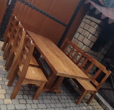 ➤Цена 24 125 грн UAH Купить Комплект стол 200х90 с лавкой и стульями 4 шт деревянный под старину ➤Орех ➤Комплекты обеденные деревянные под старину➤Rotanes➤0097МЕКО фото