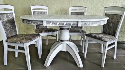 ➤Ціна 24 440 грн UAH Купити Круглий стіл для кухні на одній опорі D100 зі стільцями 4 шт білий➤Білий ➤Обідній стіл та стільці➤lebem➤380ММЕ фото