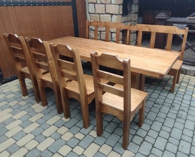 ➤Цена 24 125 грн UAH Купить Комплект стол 200х90 с лавкой и стульями 4 шт деревянный под старину 2 ➤орех светлый ➤Комплекты обеденные деревянные под старину➤Rotanes➤0097МЕКО фото