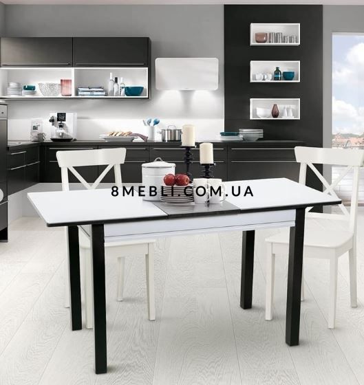 ➤Ціна 11 550 грн UAH Купити Стіл кухонний Омер-Нас 120х80(+40) стільниця скло лакобель білий➤біле дерево ➤Стіл обідній➤Remrofib➤0126REM фото