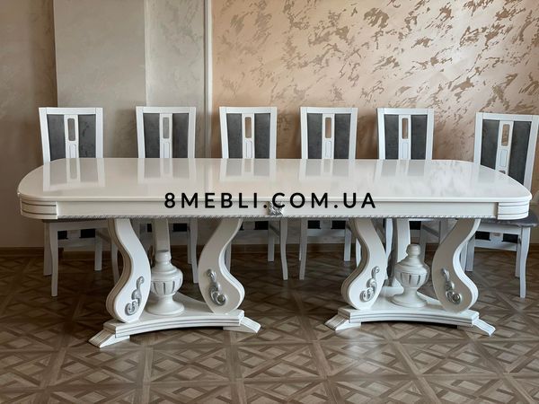 ➤Ціна 42 857 грн UAH Купити Обідній гарнітур Едмунд 1+6 стіл 200х90+40+40 + 6 стільців Білий патина срібло➤Білий ➤Обідній стіл та стільці➤Еко➤000090КОМ фото