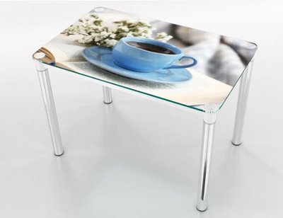 ➤Ціна  UAH Купити Скляний стіл 70х110 на хромованих опорах стільниця білий стандарт + УФ друк➤Білий ➤Столи скляні➤Maj➤0128JAM фото