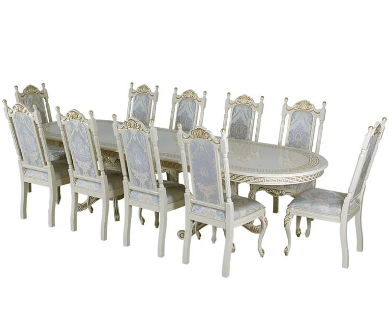 Овальний стіл у вітальню 200x100 (+50x2) зі стільцями 10 шт слонова кістка + патина