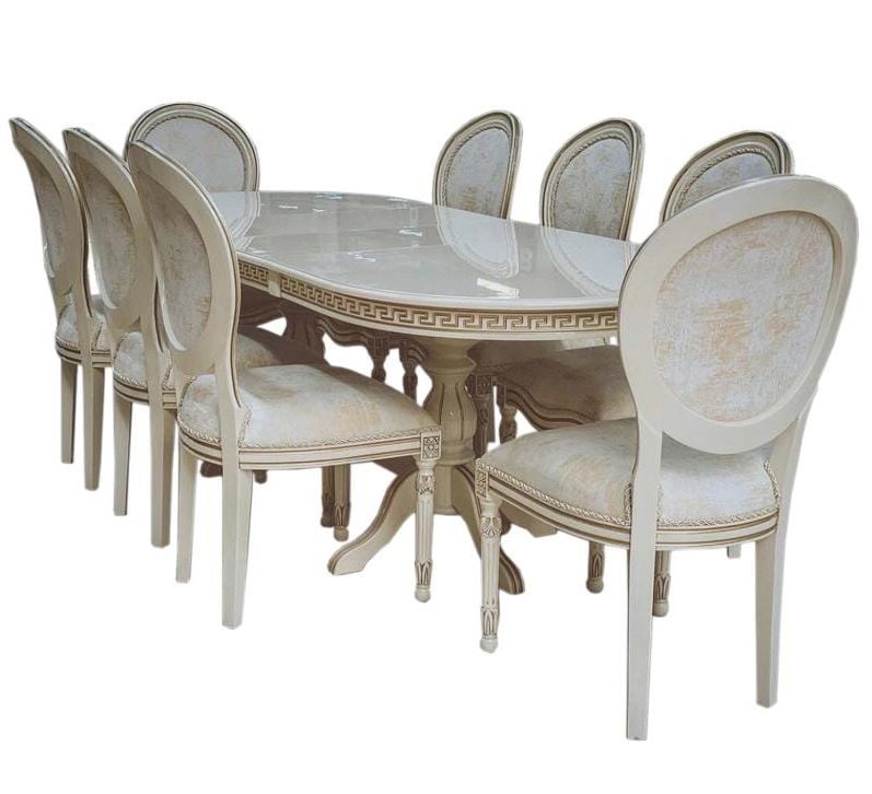 Набір меблів обідній стіл 140x80+40 + стільці з круглою спинкою 8 шт лак слонова кістка + патина