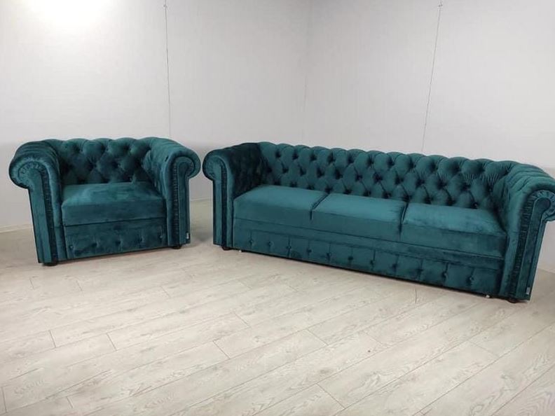 Прямий диван для сучасної вітальні з м'якими підлокітниками тканина зелена