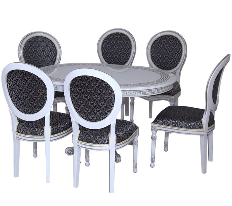 Обідній комплект стіл розкладний D110 + стільці м'які з круглою спинкою 6 шт білий + патина