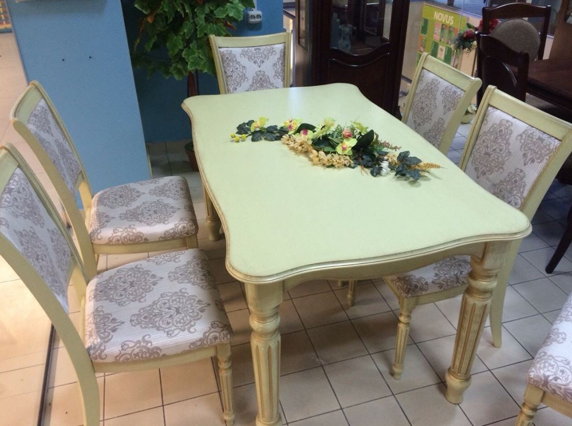 Раскладной стол и стулья для кухни 6 шт из дерева слоновая кость + патина