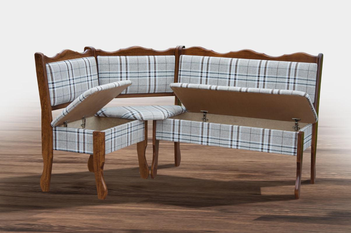 Кутовий диван на кухню 110х155х91 дерев'яний лак горіх тканина сіра клітина